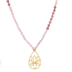 Collier-Mâla "Bloom In Love Lotus" Quartz rose & rhodonite - Plaqué 18k