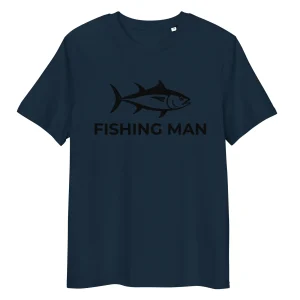 T-shirt bleu marine personnalisable – Logo Fishing Man & texte fluo dans le dos